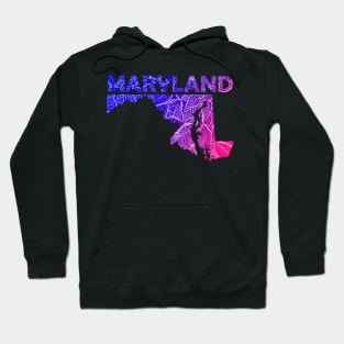 Colorful mandala art map of Maryland with text in blue and violet Hoodie